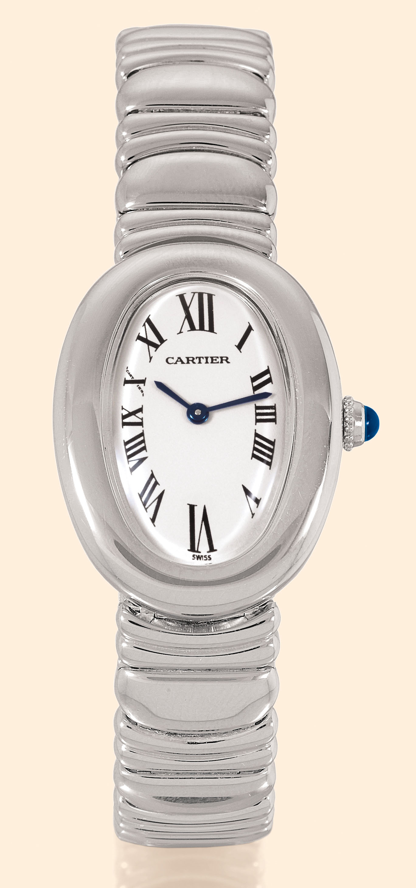 White-gold quartz Baignoire on an articulated white-gold bracelet, the example the variant singles out: white dial with black radial Roman numerals, blued hands and a sapphire cabochon crown. · Photo: Antiquorum · © Antiquorum, used with permission · Source: https://catalog.antiquorum.swiss/en/lots/cartier-lot-113-244