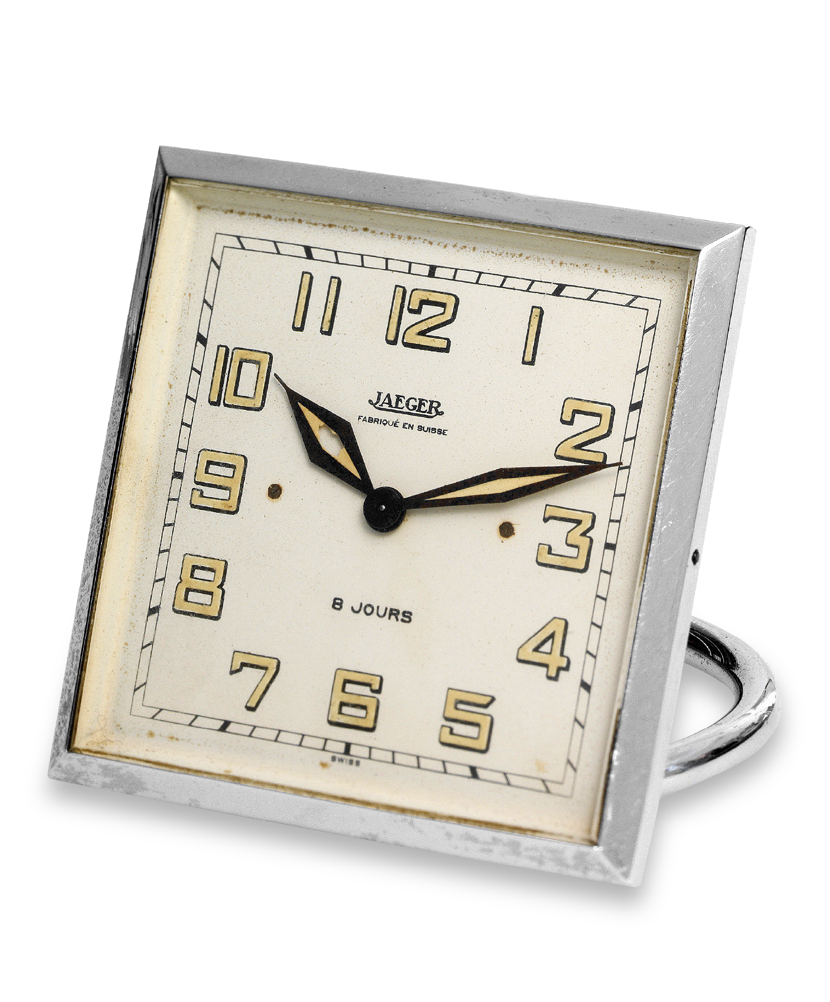 Jaeger Desk Clock Jaeger, Suisse. Made circa 1935. Fine, chrome, 8-day ...