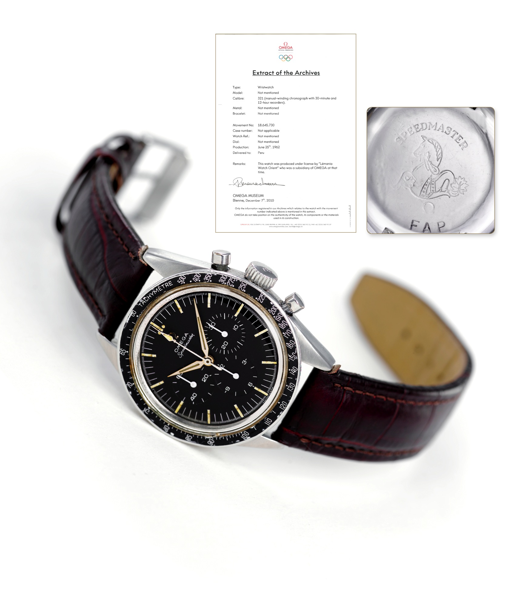 A 2998-4 on a leather strap, shown with its archive extract and a caseback engraved FAP under the Speedmaster seahorse: alpha hands, black tachymetre bezel, black dial. Lot gives movement 18'645'730, delivered to Peru on 25 June 1962. · Photo: Antiquorum · © Antiquorum, used with permission · Source: https://catalog.antiquorum.swiss/en/lots/omega-lot-247-289