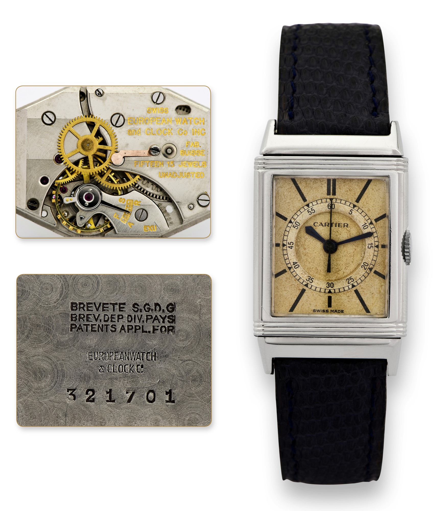 Steel Reverso with dial signed Cartier and Swiss Made, baton indexes, inner seconds ring and centre seconds; insets show the European Watch & Clock Co. movement and the cradle stamped with the Brevet patent marks. Antiquorum dates the piece 1952. · Photo: Antiquorum · © Antiquorum, used with permission · Source: https://catalog.antiquorum.swiss/en/lots/cartier-lot-267-548