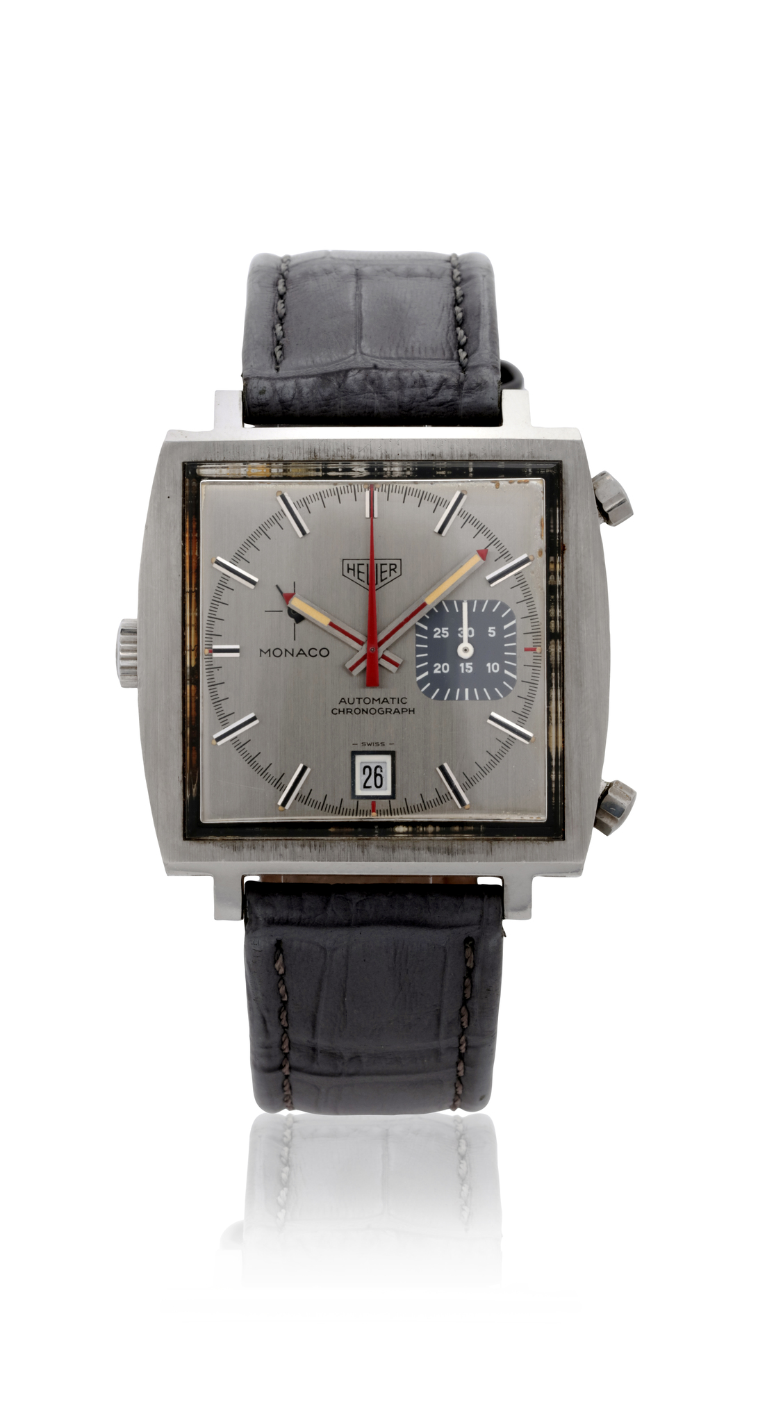 Heuer 1533 G, self-winding, chronograph, minute recorder, date, grey  dial; “Monaco”; stainless steel
