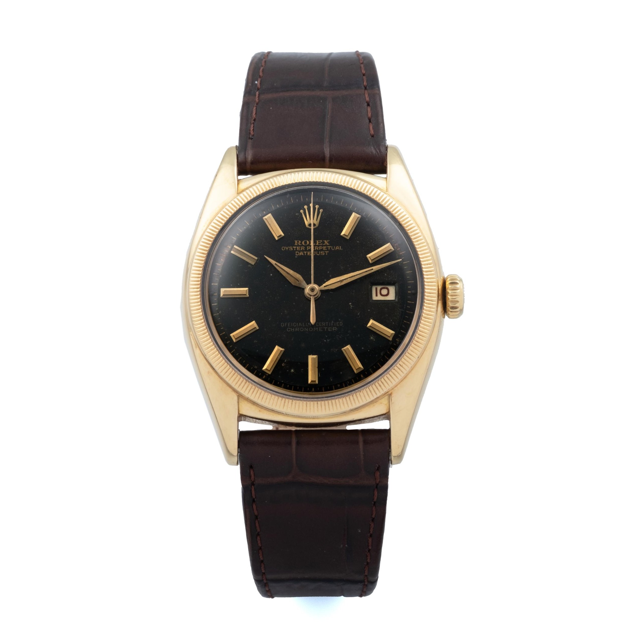 Antiquorum lot: Datejust 6105/6103 "Ovettone" in 18k yellow gold with black dial, gilt print and applied gold batons. · Photo: Antiquorum · © Antiquorum, used with permission · Source: https://catalog.antiquorum.swiss/en/lots/rolex-ref-6105-6103-datejust-ovettone-lot-386-505